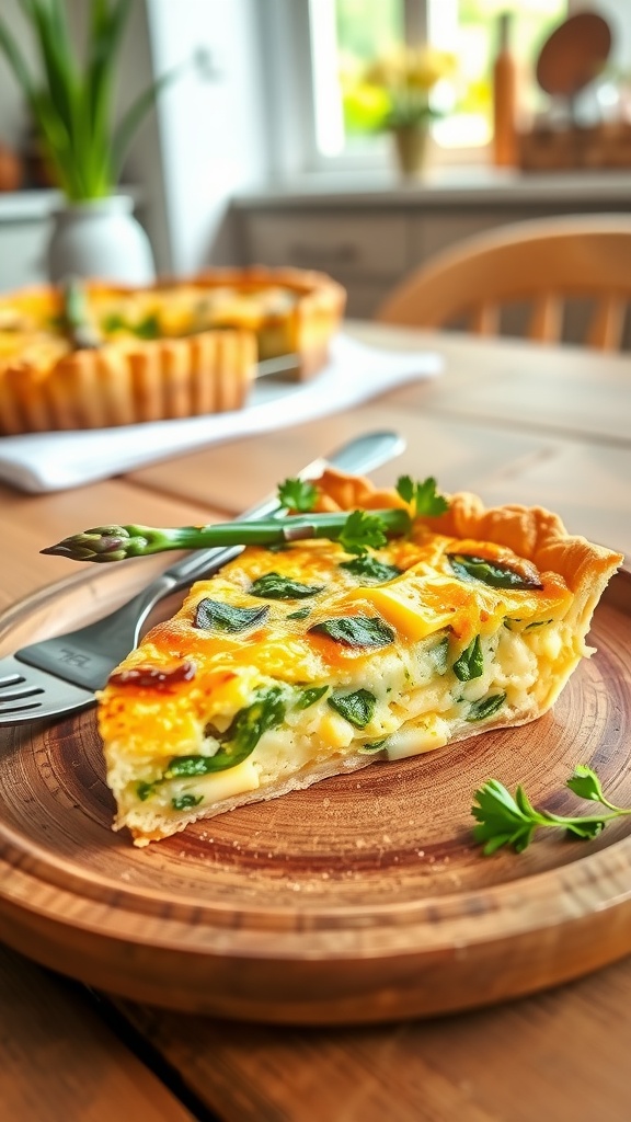A slice of asparagus quiche with hash brown crust on a wooden plate, garnished with parsley.